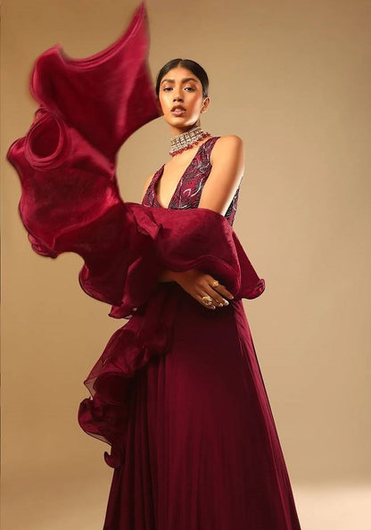 Maroon georgette ruffle flair lehenga with embroidered choli