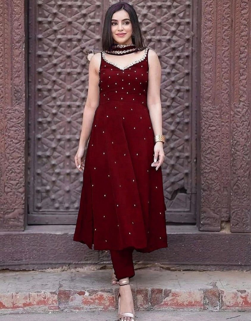 Maroon georgette sequence and pearl work gown