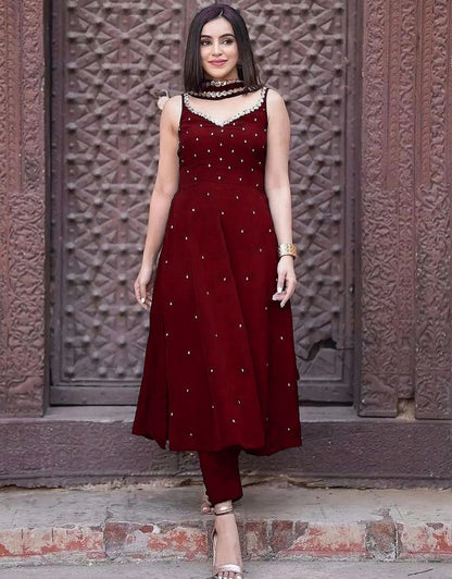 Maroon georgette sequence and pearl work gown