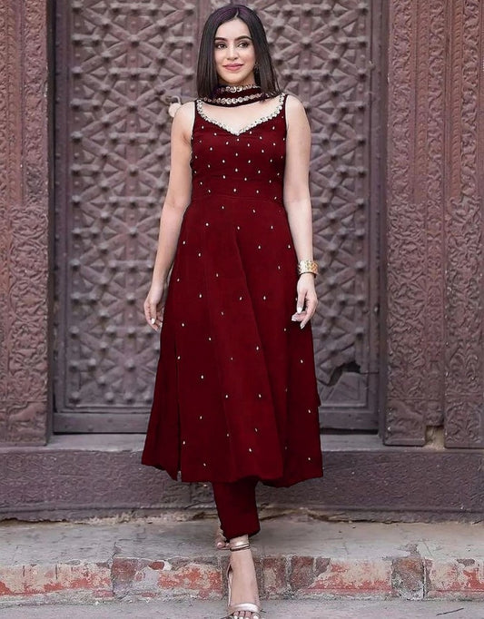 Maroon georgette sequence and pearl work gown