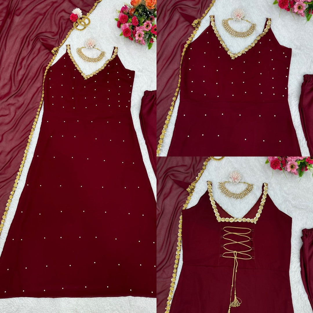 Maroon georgette sequence and pearl work gown