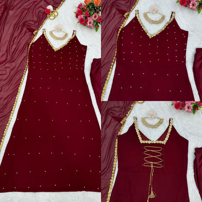 Maroon georgette sequence and pearl work gown