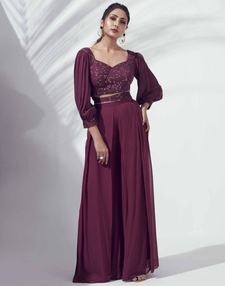 Maroon georgette sequence and threadwork plazzo suit