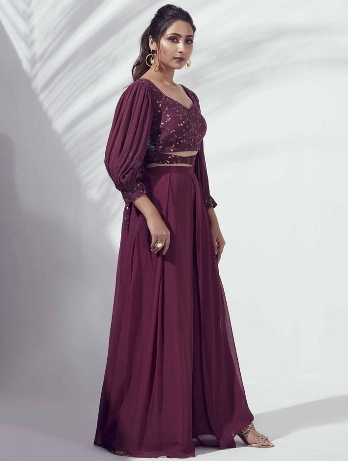Maroon georgette sequence and threadwork plazzo suit