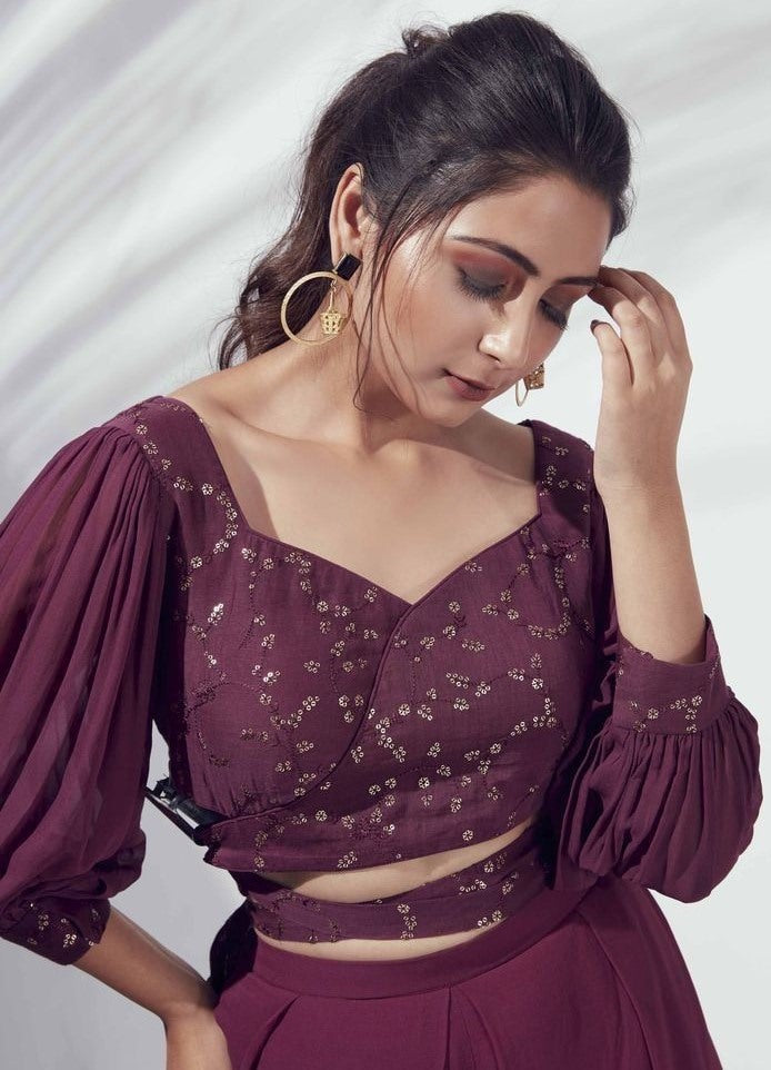 Maroon georgette sequence and threadwork plazzo suit