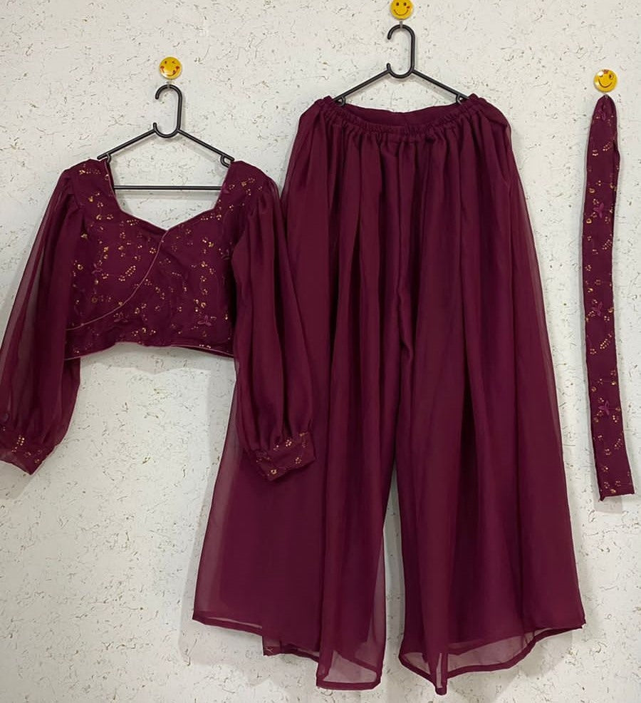 Maroon georgette sequence and threadwork plazzo suit