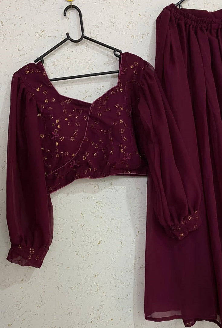 Maroon georgette sequence and threadwork plazzo suit