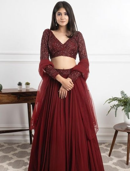 Maroon georgette sequence work party wear lehenga choli