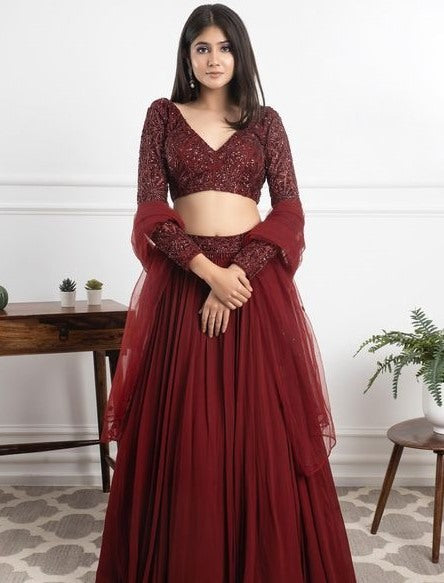 Maroon georgette sequence work party wear lehenga choli