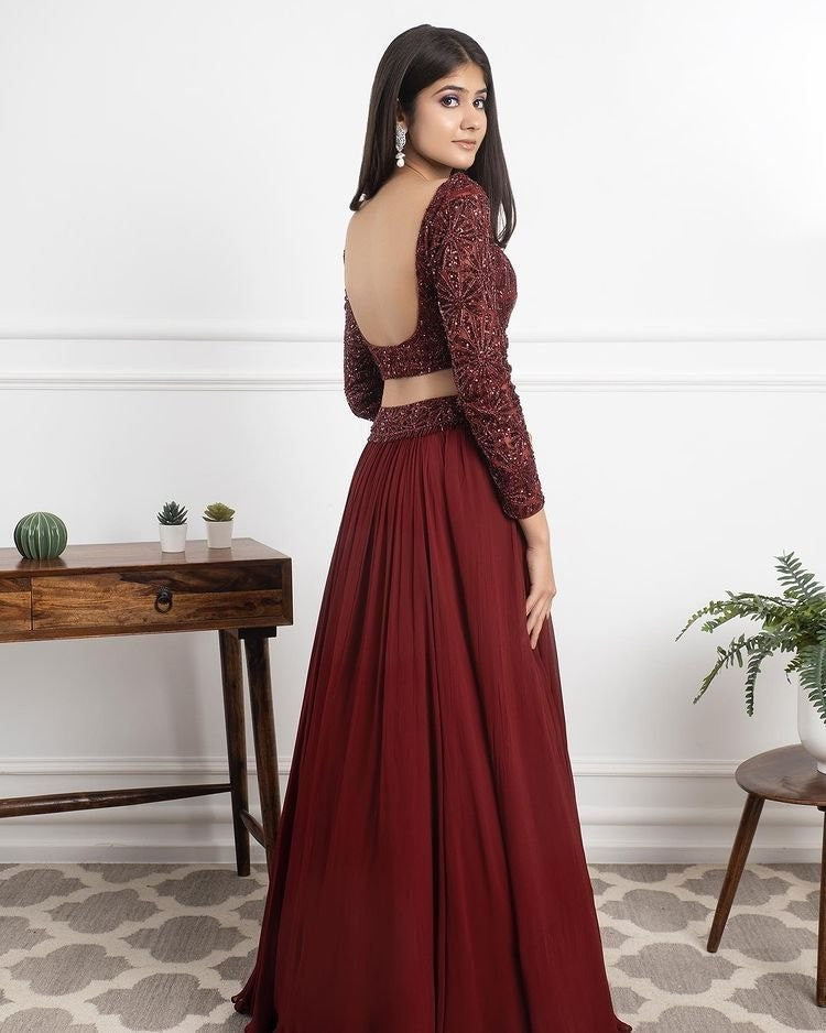 Maroon georgette sequence work party wear lehenga choli