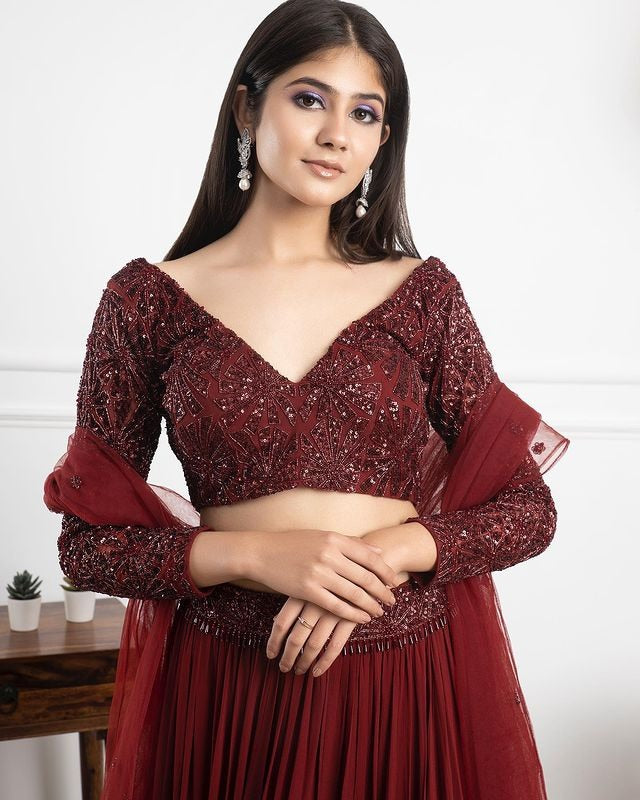 Maroon georgette sequence work party wear lehenga choli