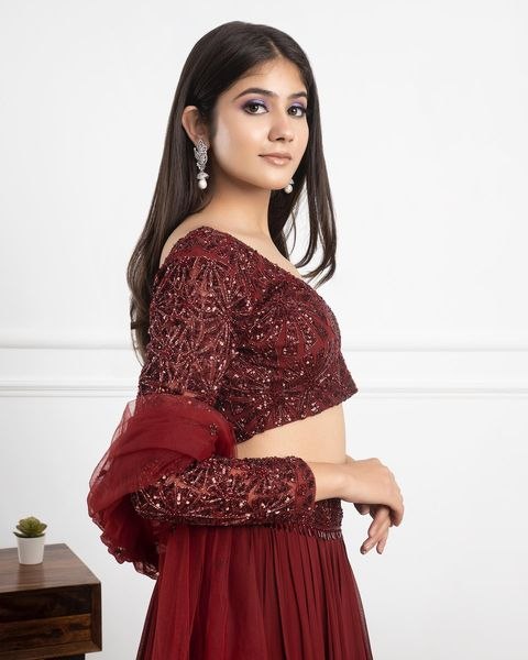 Maroon georgette sequence work party wear lehenga choli
