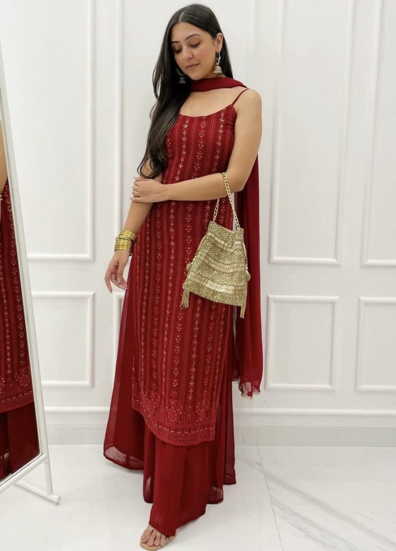 Maroon georgette thread and sequence work party wear plazzo suit
