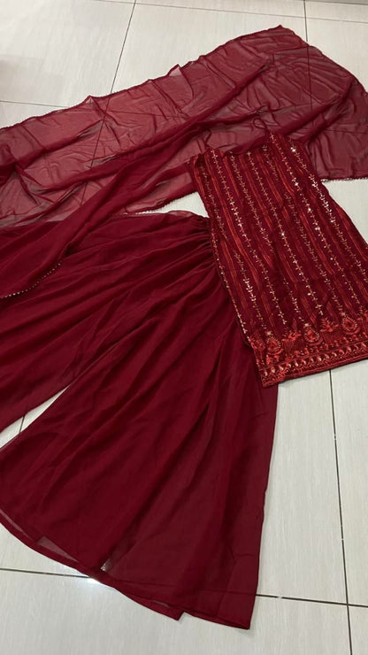Maroon georgette thread and sequence work party wear plazzo suit