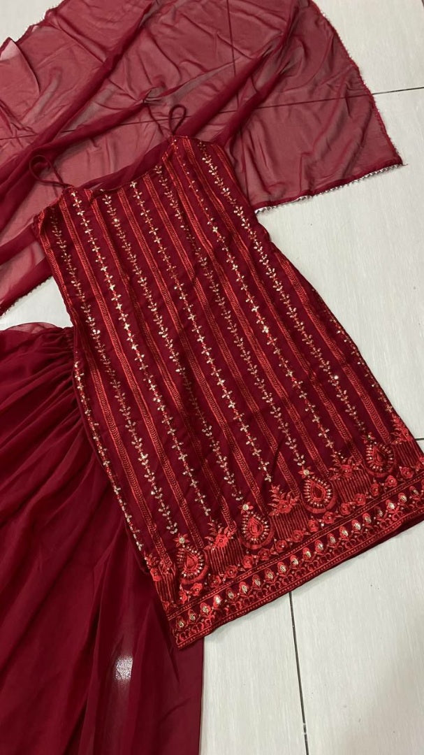 Maroon georgette thread and sequence work party wear plazzo suit