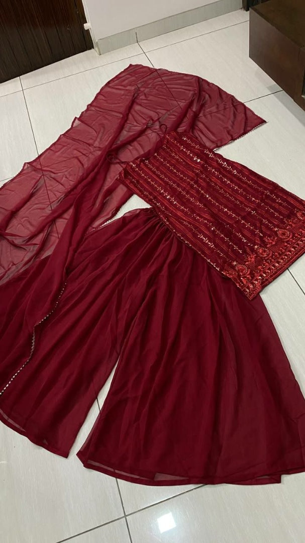 Maroon georgette thread and sequence work party wear plazzo suit