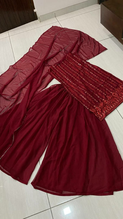 Maroon georgette thread and sequence work party wear plazzo suit