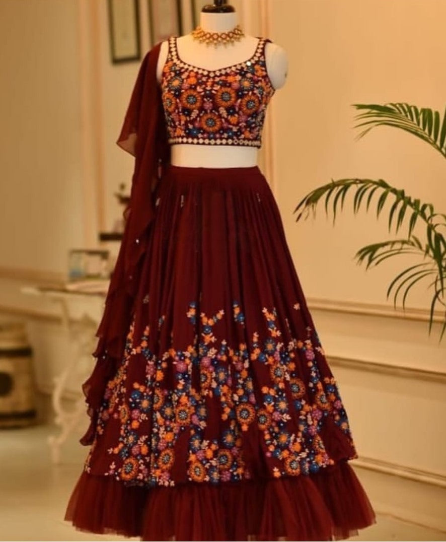 Maroon georgette thread embroidered wedding lehenga choli