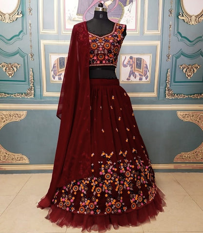Maroon georgette thread embroidered wedding lehenga choli