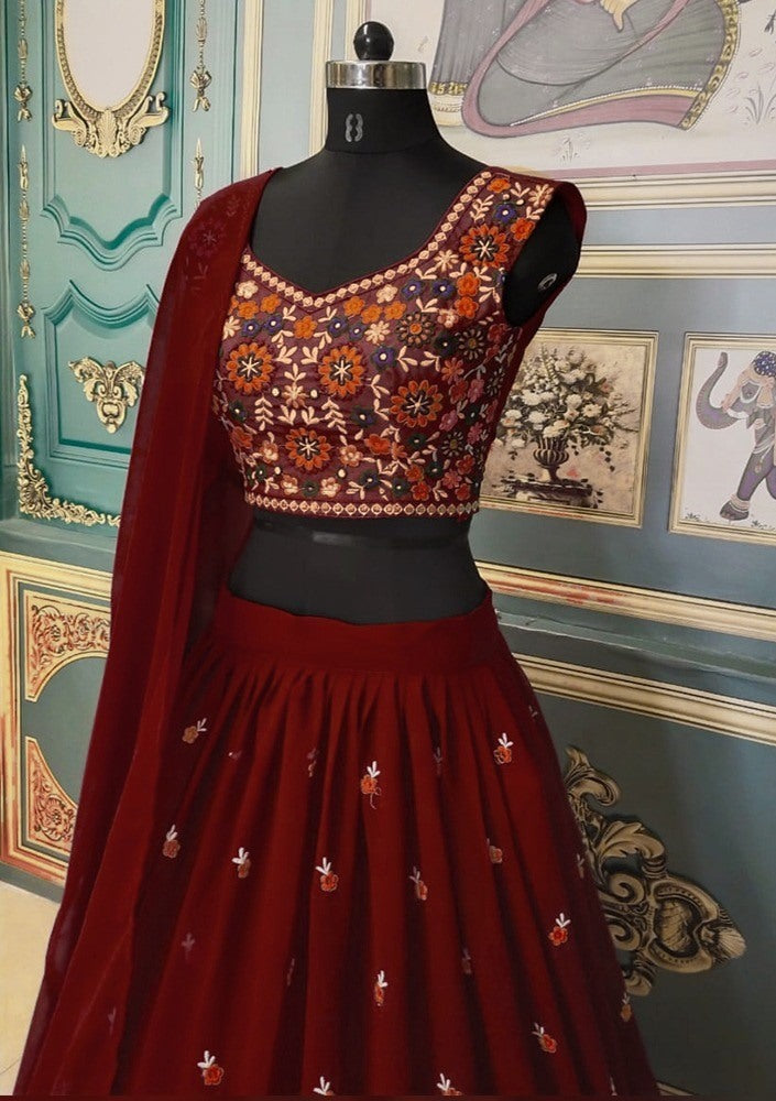 Maroon georgette thread embroidered wedding lehenga choli