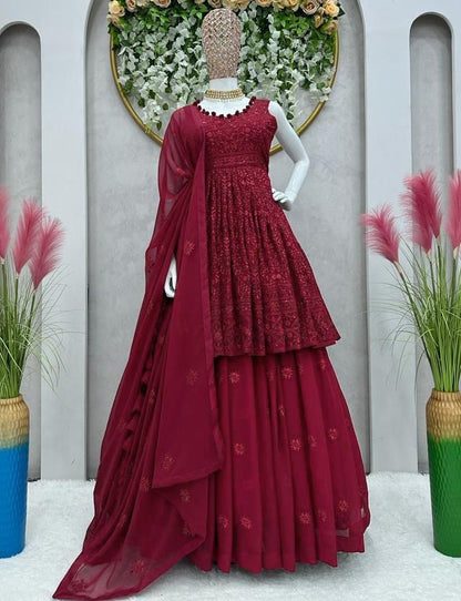 Maroon georgette thread sequence work designer lehenga suit