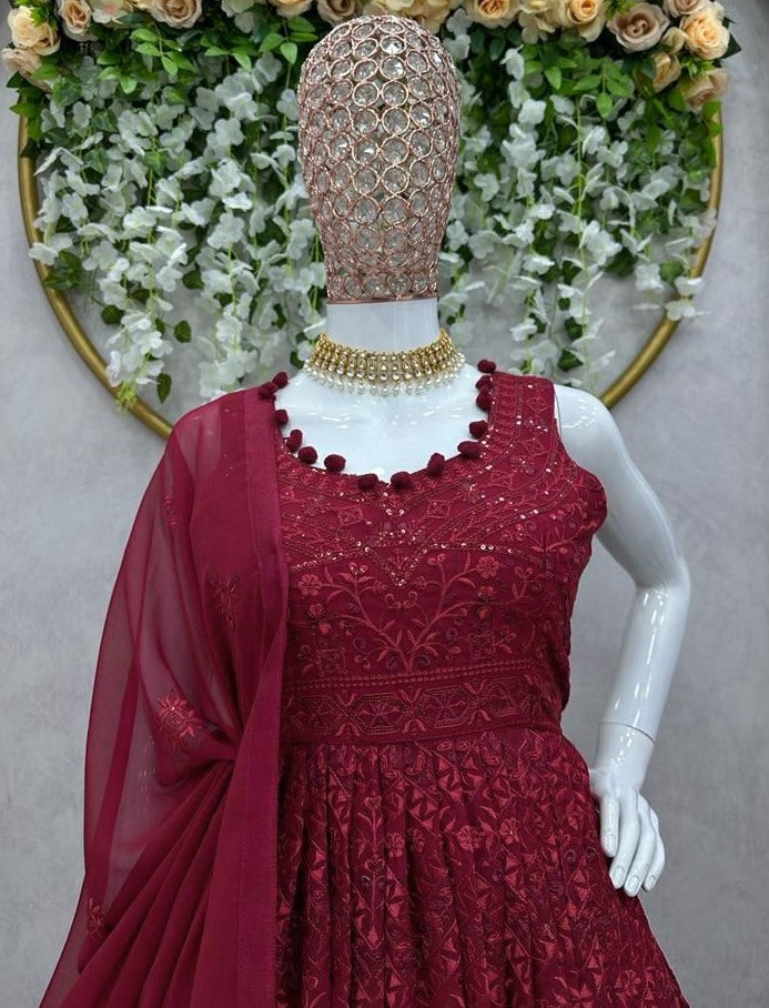 Maroon georgette thread sequence work designer lehenga suit