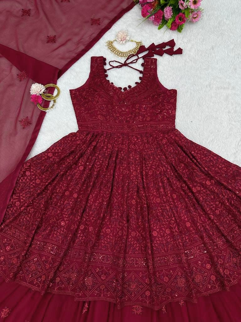Maroon georgette thread sequence work designer lehenga suit