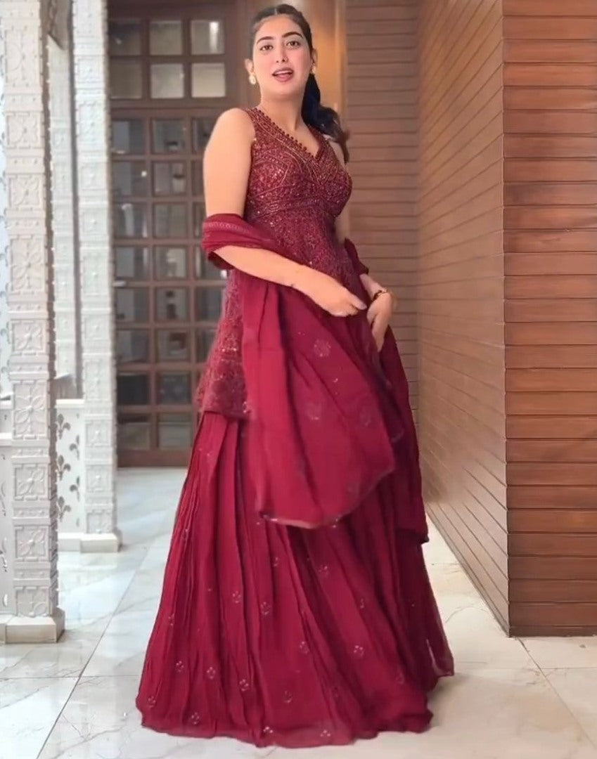 Maroon georgette thread sequence work designer lehenga suit
