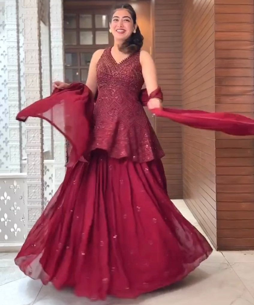 Maroon georgette thread sequence work designer lehenga suit