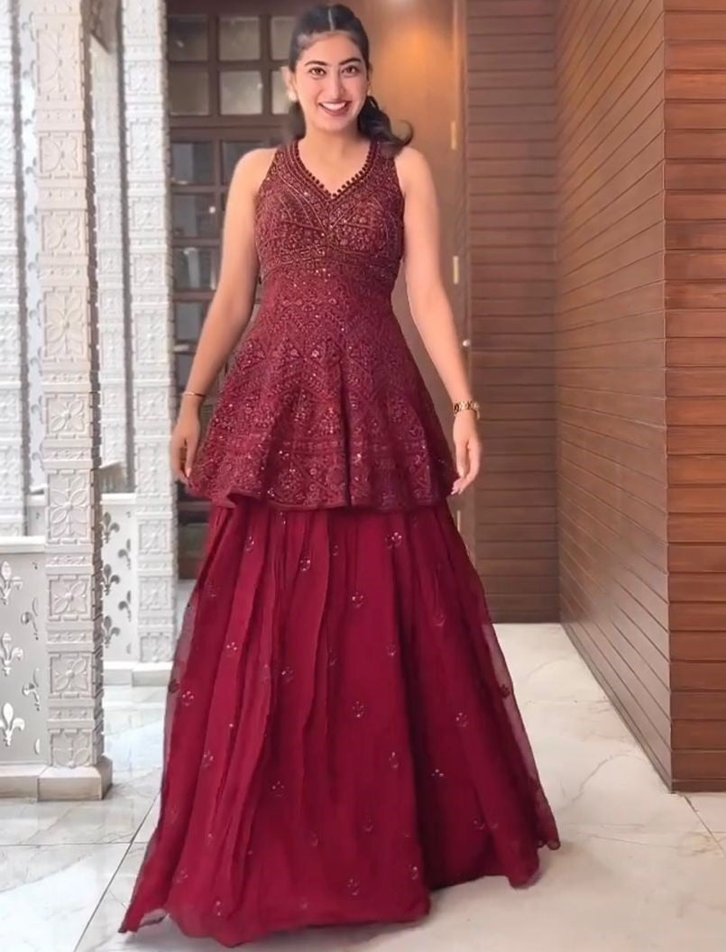 Maroon georgette thread sequence work designer lehenga suit