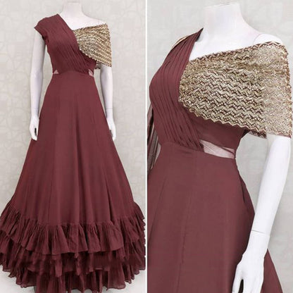 Maroon georgette zari embroidered ruffle layers partywear gown