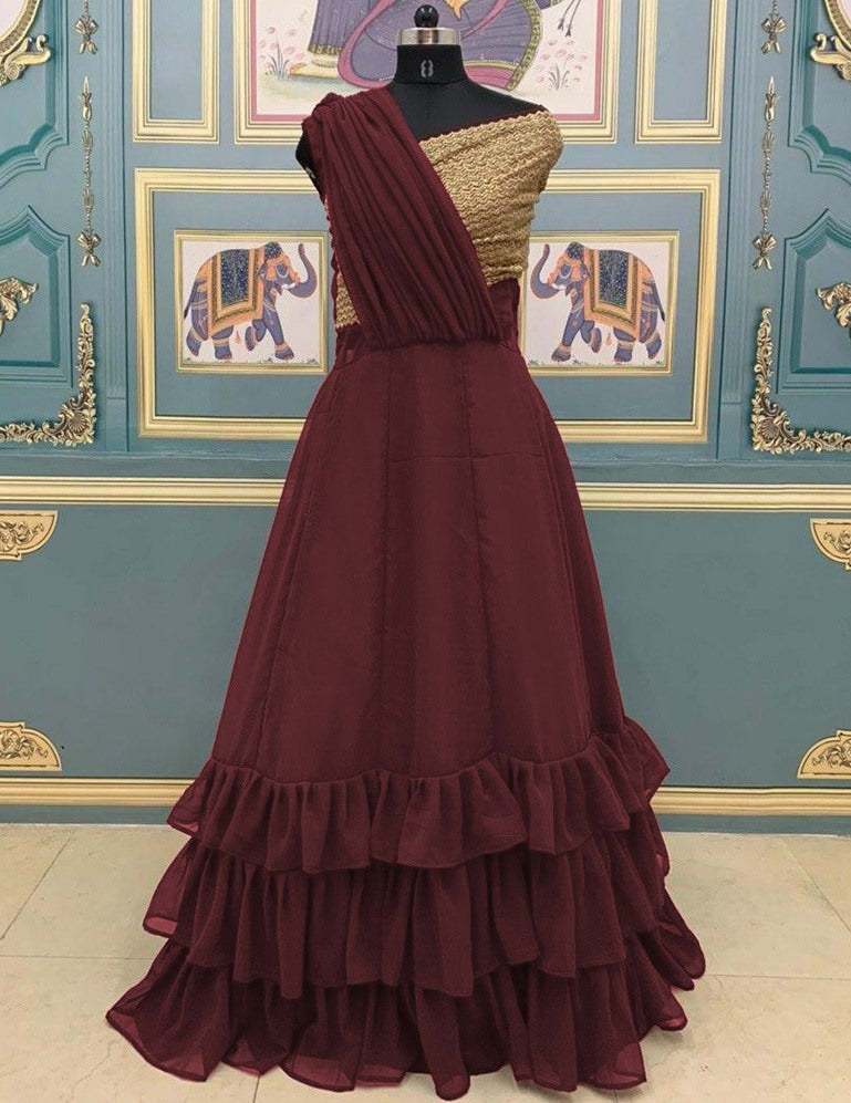 Maroon georgette zari embroidered ruffle layers partywear gown
