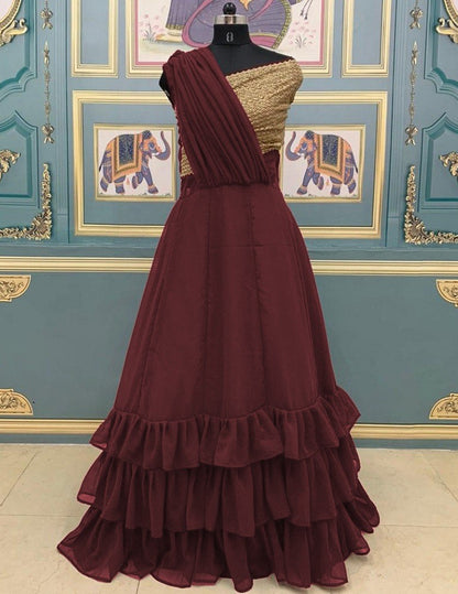 Maroon georgette zari embroidered ruffle layers partywear gown