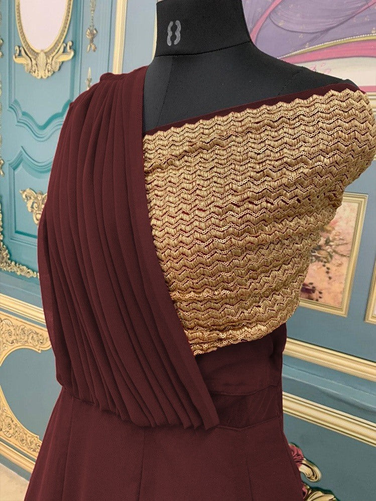 Maroon georgette zari embroidered ruffle layers partywear gown