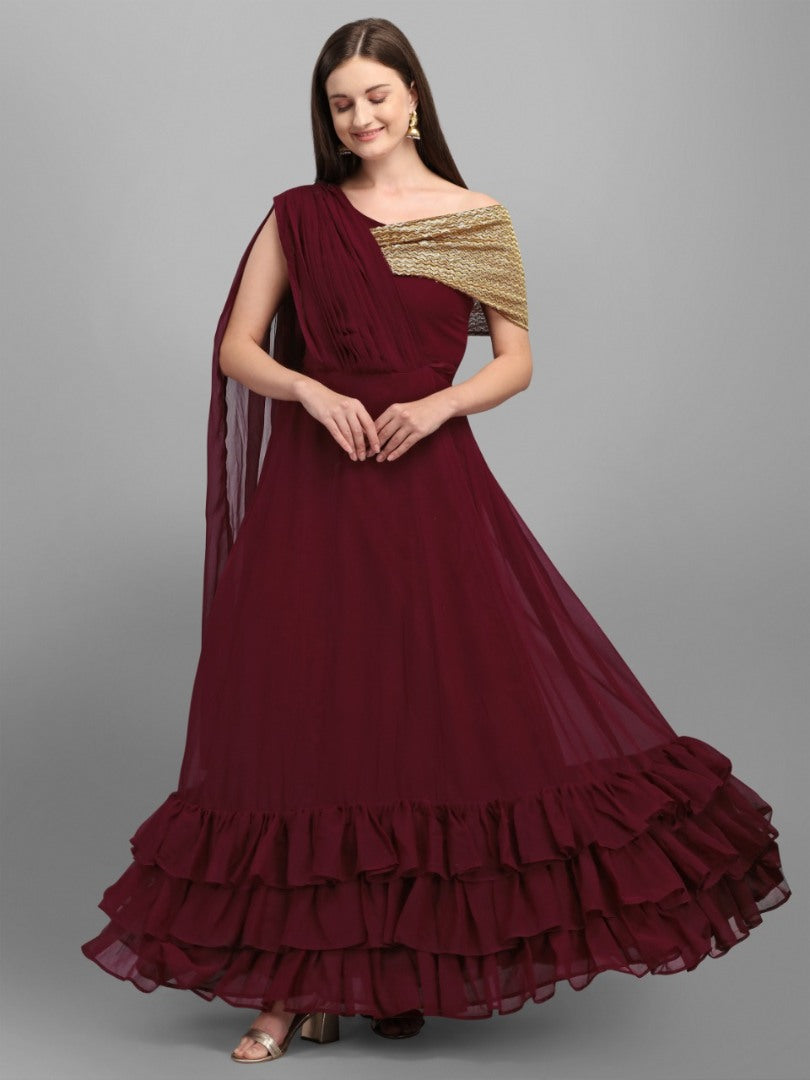 Maroon georgette zari embroidered ruffle layers partywear gown