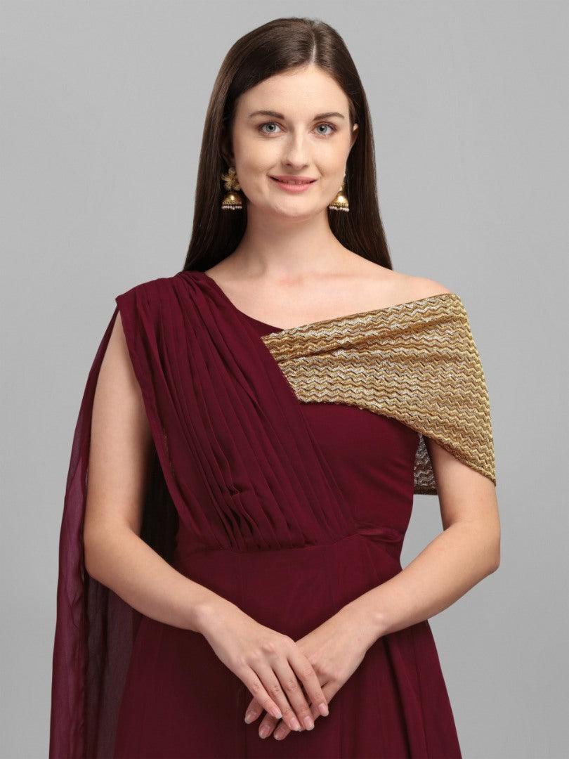 Maroon georgette zari embroidered ruffle layers partywear gown