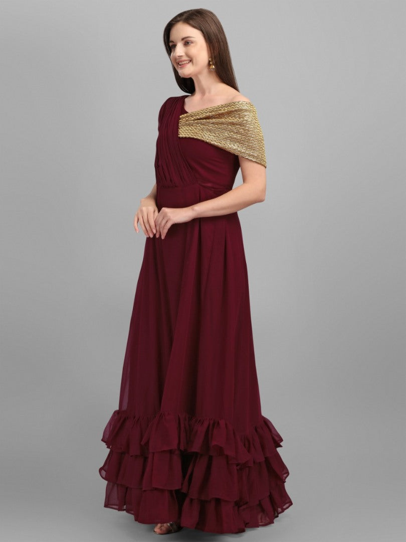Maroon georgette zari embroidered ruffle layers partywear gown