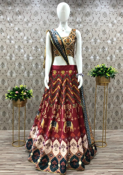 Maroon gotta satin digital printed lehenga choli