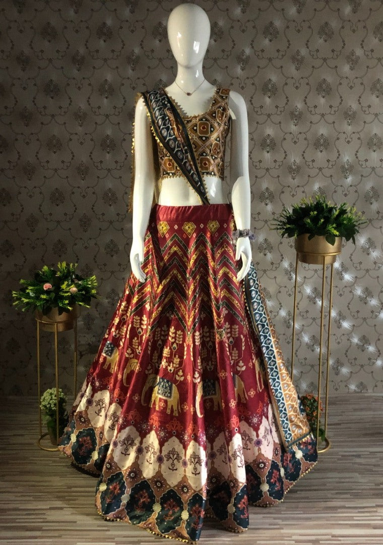 Maroon gotta satin digital printed lehenga choli