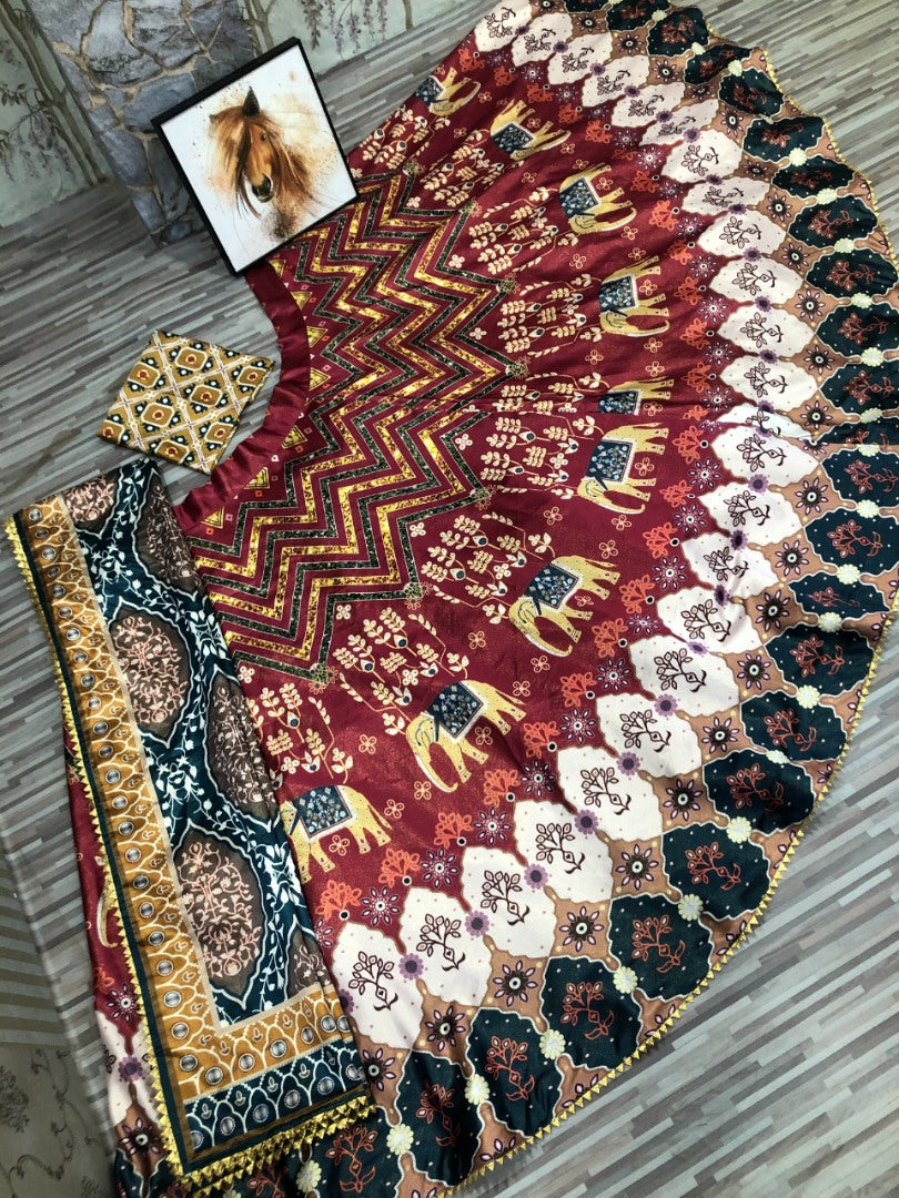 Maroon gotta satin digital printed lehenga choli