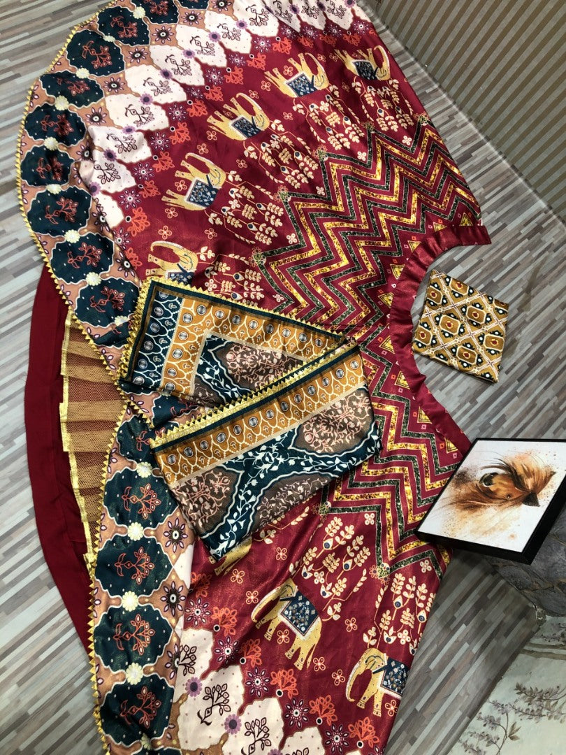 Maroon gotta satin digital printed lehenga choli