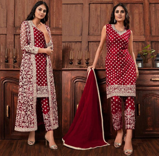 Maroon harvey vaishnavi net with heavy embroidered salwar suit with koti