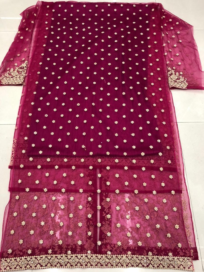 Maroon harvey vaishnavi net with heavy embroidered salwar suit with koti