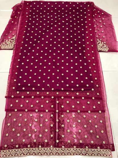 Maroon harvey vaishnavi net with heavy embroidered salwar suit with koti