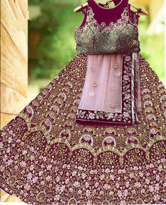 Maroon heavy bangalori satin silk designer heavy embroidered bridal lehenga