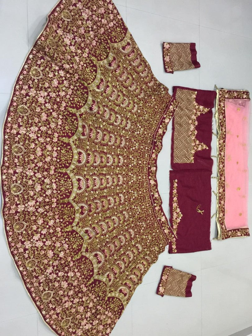 Maroon heavy bangalori satin silk designer heavy embroidered bridal lehenga