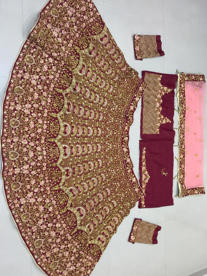 Maroon heavy bangalori satin silk designer heavy embroidered bridal lehenga