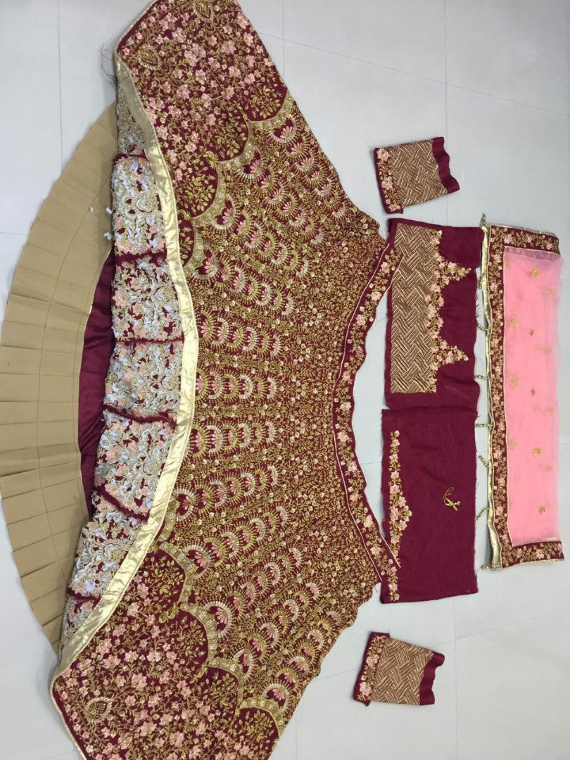 Maroon heavy bangalori satin silk designer heavy embroidered bridal lehenga