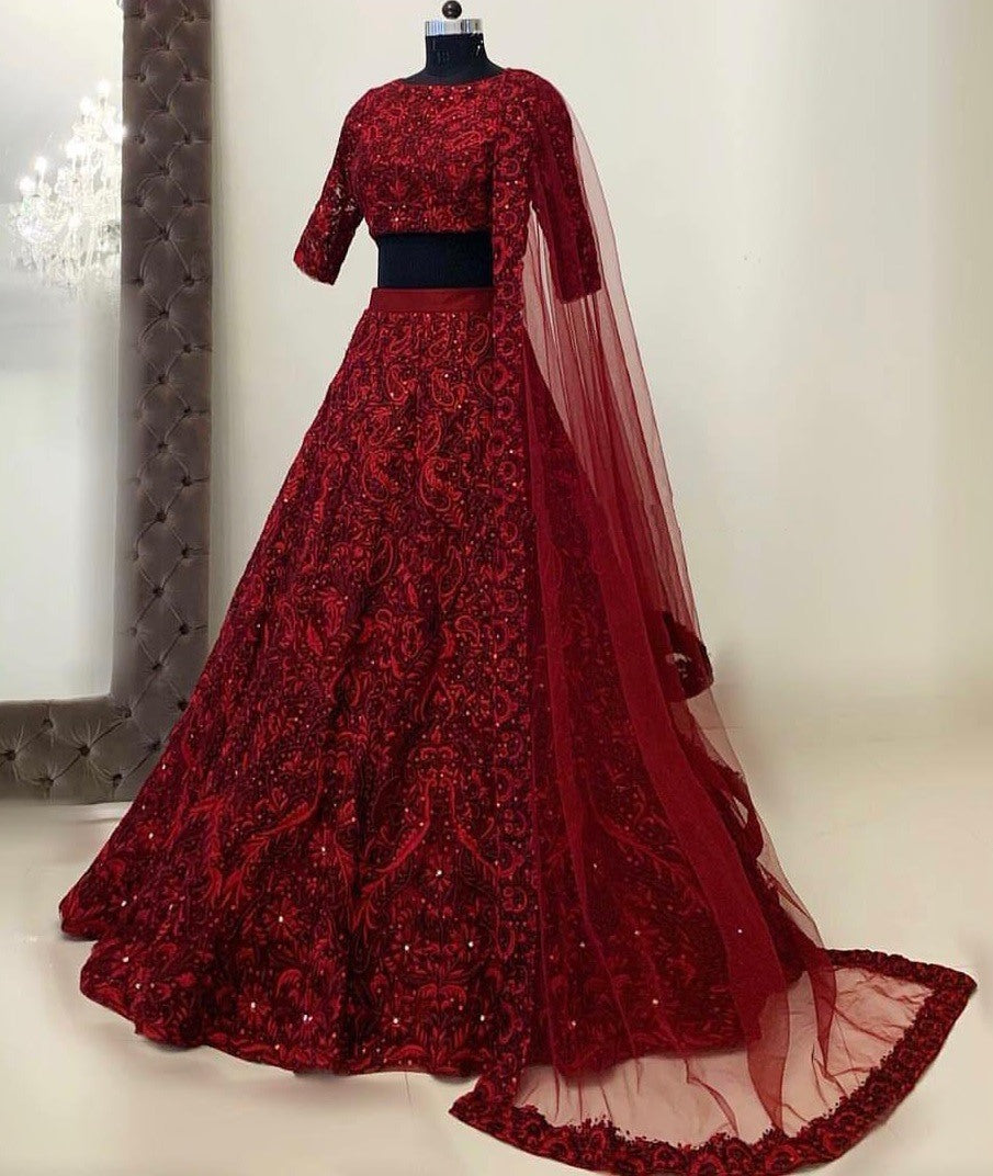 Maroon heavy embroidered wedding lehenga choli