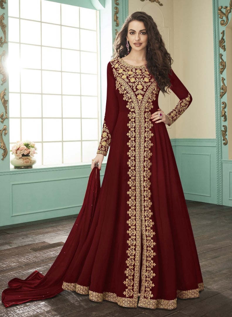 Maroon heavy faux georgette embroidery stylist wedding gown